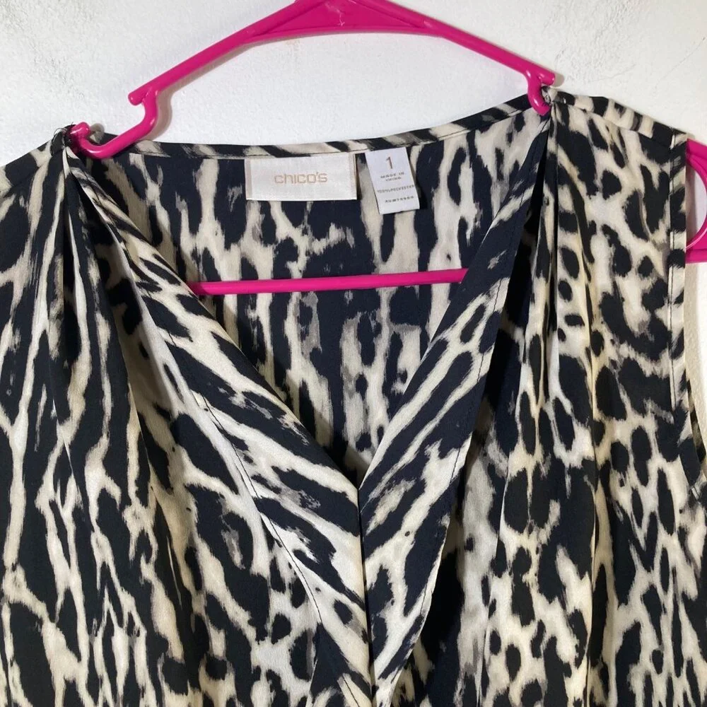 Womens Chicos Silky Feel‎ Animal Print Ruffle Front Blouse Tan Black M Polyester